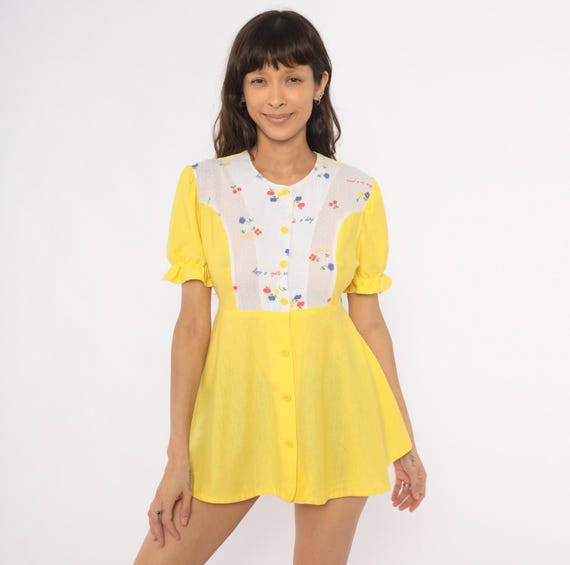 70s Fruit Print Babydoll Top Yellow Puff Sleeve Blouse Cotton Floral Empire Waist Tie Back Cottagecore Prairie Shirt Cuff Summer Large L