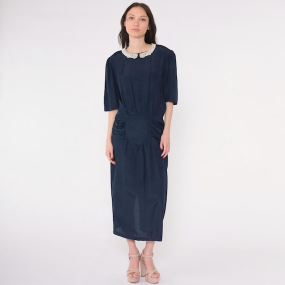 80s Lace Collar Dress Navy Blue Gothic Granny Dress Secretary 1980s Vintage Slouchy Puff Sleeve Ankle Length Modest Low Waist Medium 9