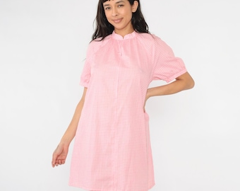 Vintage Pink Gingham Dress 70s Mini Dress Cottagecore Short Raglan Sleeve Checkered Print 1970s Shift MiniDress Mandarin Collar Small S
