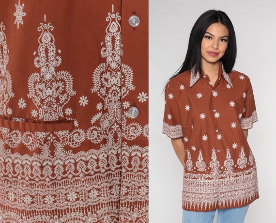 Batik Floral Shirt 90s Brown Button Up Short Sleeve Top Geometric Flower Print Groovy Psychedelic Bohemian Retro Vintage 1990s Medium 15 1/2