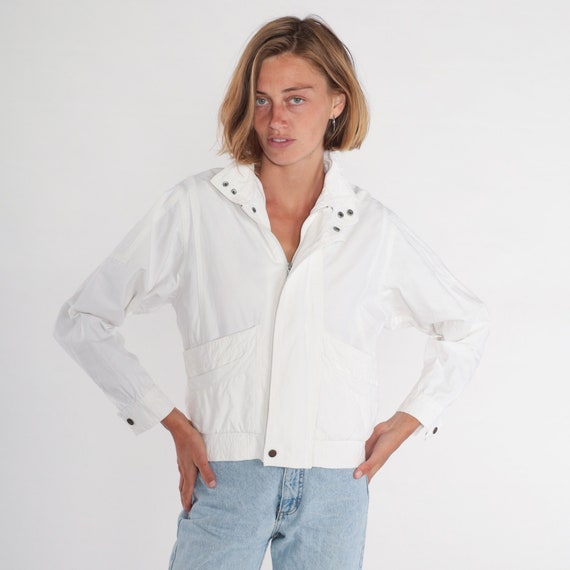 White Cropped Jacket 90s Zip Up Windbreaker Retro Warmup Plain Lightweight Cotton Track Jacket Simple Shell Crop Coat Vintage 1990s Large L