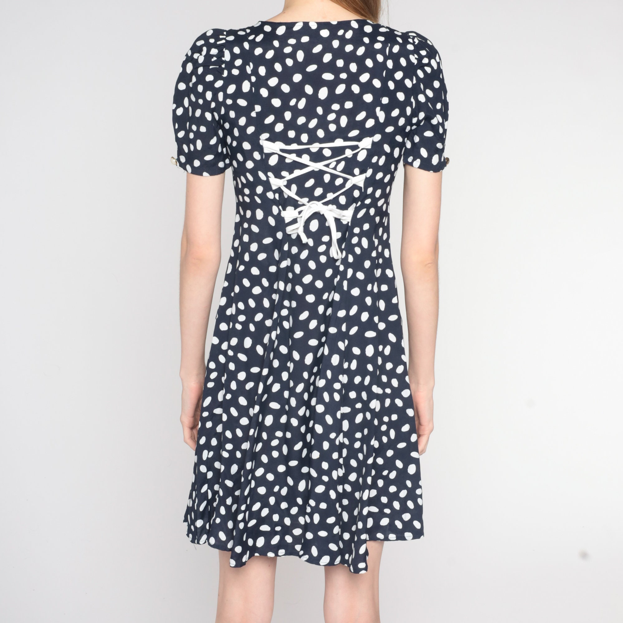 Puff Sleeve Mini Dress 90s Button Up Dress Navy Blue White Dot Print ...