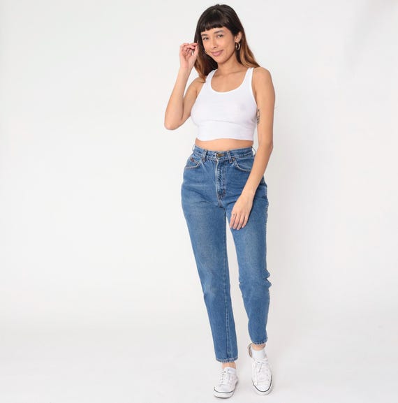90s Mom Jeans High Waisted Blue Denim Chic Brand Tapered Leg Cotton Vintage Medium Wash Slim Fit Minimalist Pants Casual Everyday Medium M