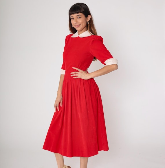 60s Babydoll Dress Red Mod PETER PAN Collar Puff Sleeve Dolly Dress 1960s Vintage Empire Waist Corduroy Midi Fit Flare A Line Mod Small S