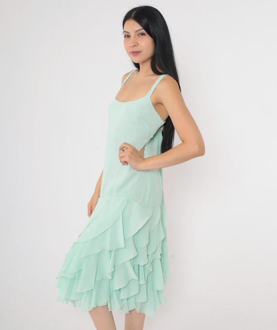 80s Mint Green Dress Ruffled Hem Spaghetti Straps Pastel Low Waist Party Dress Vintage 1980s Flapper Style Midi Dress Low Cut Large 12