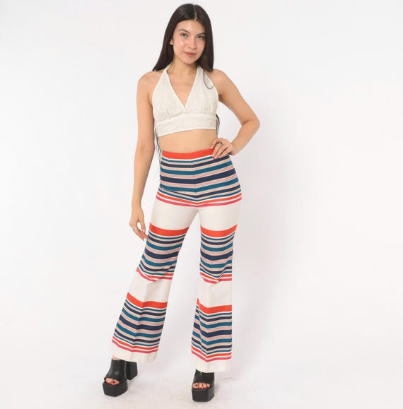 70s Striped Flare Pants Red Navy Teal High Waist Bell Bottom Wide Leg Trouser White Cream Multi Colorful Horizontal Stripe Vintage Small S