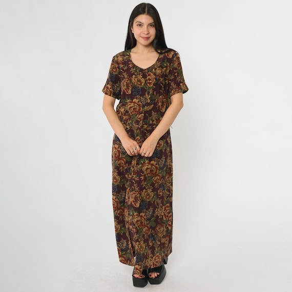 Autumn Silk Dress 90s Burgundy Grunge Floral Print Maxi V Neck Short Sleeve Relaxed Fit Dark Gothic Cottagecore Vintage Fall Medium M 10