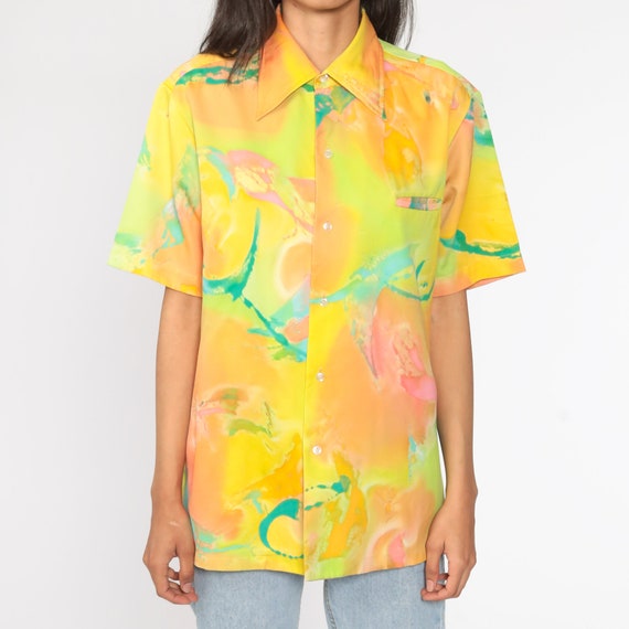 70s Boho Shirt Psychedelic Blouse Neon Yellow Aci… - image 5