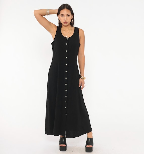 90s Black Maxi Dress Sleeveless Button Front Column Wool Blend Tank Sundress Western Silver Concho Buttons Goth Minimalist Vintage Medium M