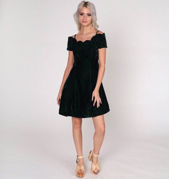 Dark Green Velvet Dress 90s Party Dress Scalloped Off Shoulder Mini Fit Flare Evening Cocktail Going Out Minidress Vintage 1990s Small S