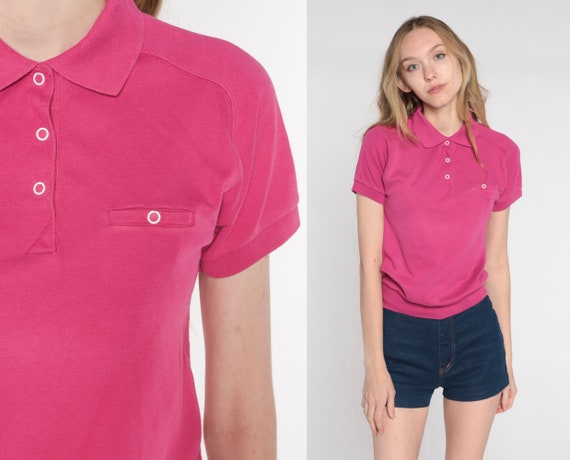 Hot Pink Polo Shirt 80s Cropped Shirt Short Sleev… - image 1