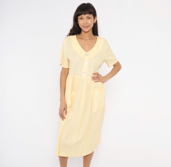 90s Yellow Gingham Babydoll Dress Peter Pan Collar Midi Patch Pocket Short Sleeve V Neck Cream Prairie Cottagecore Summer Petite Medium M