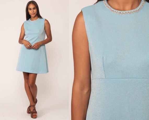 60s Mini Dress Mod Light Blue Party METALLIC Babydoll 70s Empire Waist Cocktail Vintage Gogo Sixties Sleeveless Formal Medium
