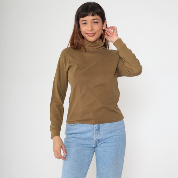 Brown Turtleneck Shirt 90s Long Sleeve Shirt 1990s Grunge Tshirt Retro Tee Turtle neck Vintage Plain Tight Medium
