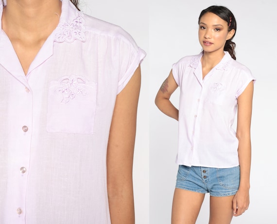 Cut Out Top 80s Floral Embroidered Blouse Lavender Purple Cutwork Blouse Boho Button Up 1980s Cutout Bohemian Shirt Short Sleeve Small S