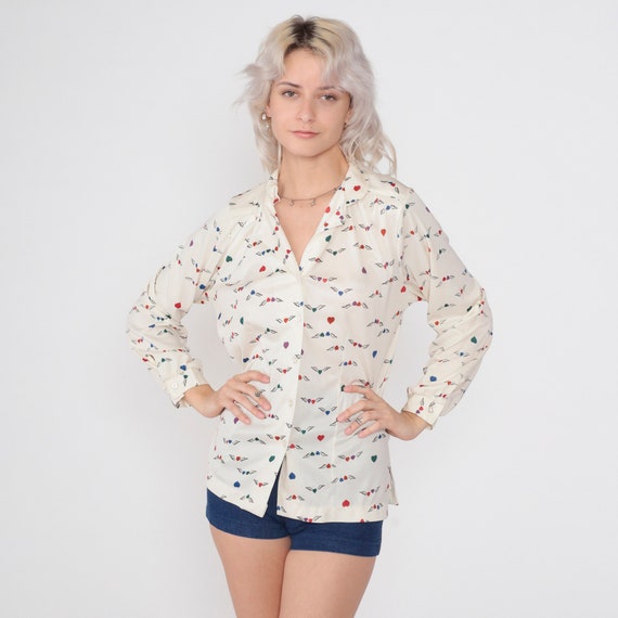 Vintage Heart Print Shirt 70s Blouse Button up Top Winged Hearts Novelty Print Retro Boho Hippie Long Sleeve Collared Off-White 1970s Large