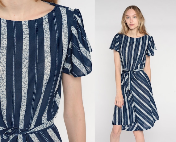 Striped Day Dress 70s Navy Blue Semi Sheer Flutter Sleeve Dress High Waisted Belted Retro Secretary Casual Dress Vintage 1970s Medium