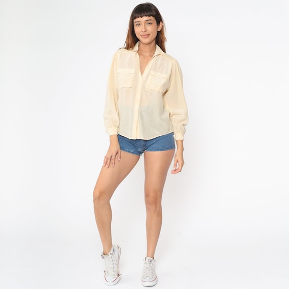 Cream Silk Blouse 90s Button Up Top Semi-Sheer Cargo Pocket Collar Formal Preppy Shirt Plain Long Sleeve Vintage 1990s Liz Claiborne Small 4