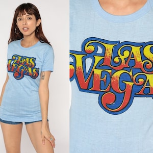 Vintage Las Vegas Shirt 70s 80s Baby Blue Graphic Tee Retro Thin T-Shirt Nevada USA Travel Tourist TShirt Single Stitch Cotton 1980s Small S