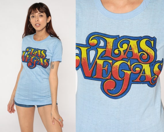 Vintage Las Vegas Shirt 70s 80s Baby Blue Graphic Tee Retro Thin T-Shirt Nevada USA Travel Tourist TShirt Single Stitch Cotton 1980s Small S