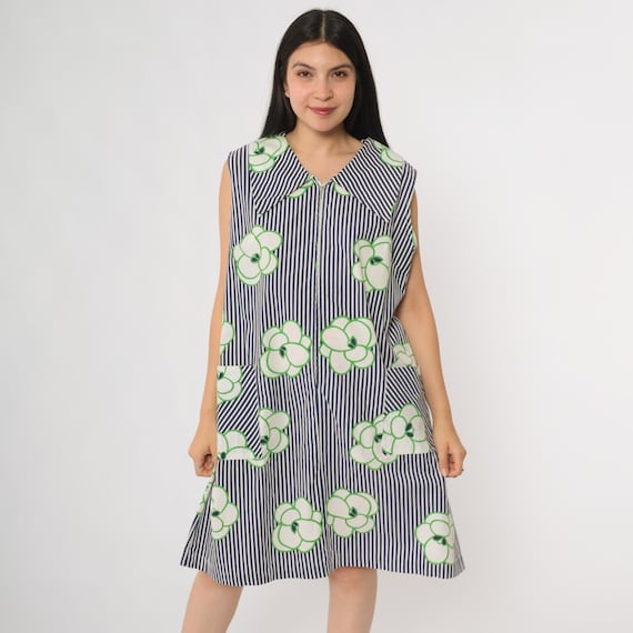 Summer Day Dress 70s Striped Navy Cotton Green White Floral Print Sleeveless Knee Length Garden Casual Pockets Bold Pattern Large L