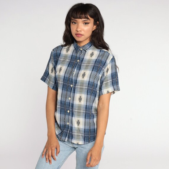 Blue Plaid Shirt 80s Button Up Shirt Checkered Print Short Sleeve Boho 1980s Top Short Sleeve Shirt Vintage Medium