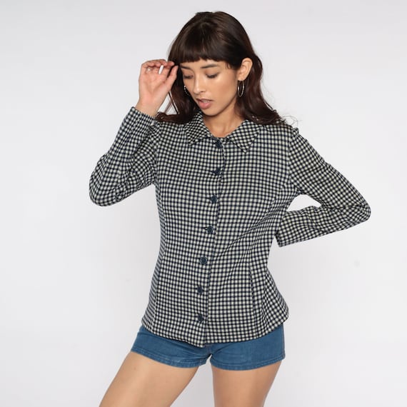 60s Plaid Jacket Navy Blue Wool Houndstooth Blazer Jacket 60s Mod Checkered Print Preppy Jacket Mad Men Jackie O Vintage Tartan Retro Small