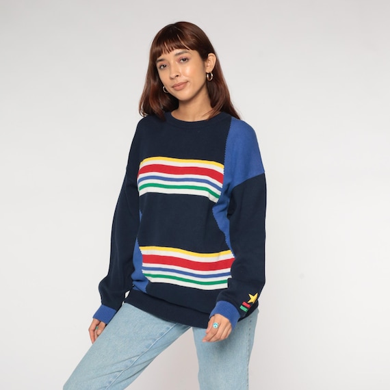 Rainbow Stripe Sweater 80s Vintage Navy Blue Colorblock Knit Star Embroidered Yellow Red Green White Oversized Crewneck Coastal Large L