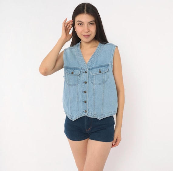 90s Denim Vest Light Blue Button Front V Neck Sleeveless Jean Waistcoat Cropped Cotton Western Prairie Cottage Core Vintage Top Medium M