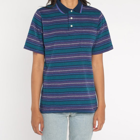 Striped Polo Shirt 90s Navy Blue Purple Green Col… - image 6