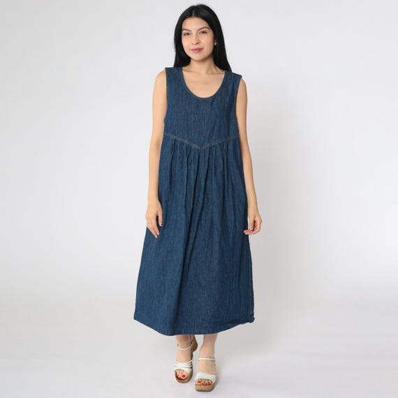 90s Denim Maternity Dress Vintage Jean Jumper Pleated Midi Grunge Overall Dark Blue Pinafore Sleeveless 1990s High Waist Pocket Medium M