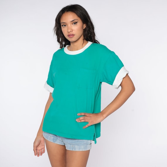 Green Pocket Shirt 80s T Shirt Green Ringer TShirt 90s Cuffed Shirt Vintage Tshirt Top Retro Tee Basic Shirt Short Sleeve Medium