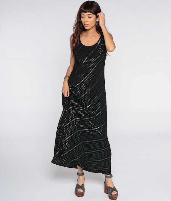 Long Party Dress 90s Maxi Black GOLD Dress 80s Metallic Formal Sleeveless Formal Vintage 1990s Column Medium