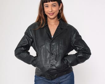 Vintage Black Leather Jacket 80s Western Yoke Motorcycle Jacket Moto Biker Jacket Button Up Rocker Retro 1980s Medium Mens 40