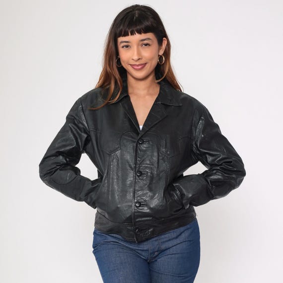 Vintage Black Leather Jacket 80s Western Yoke Motorcycle Jacket Moto Biker Jacket Button Up Rocker Retro 1980s Medium Mens 40