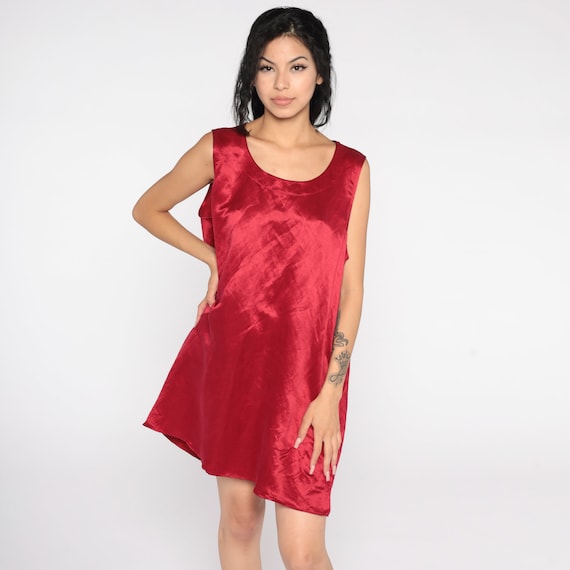 Red Satin Dress 90s Mini Party Dress Slip Dress Cocktail Minidress Sleeveless Shift Sheath Dress 1990s Vintage Large L