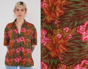 Batik Blouse 70s Tropical Floral Button up Shirt Retro Flower Leaf Print Top Short Sleeve Summer Hippie Green Pink Vintage 1970s Large L