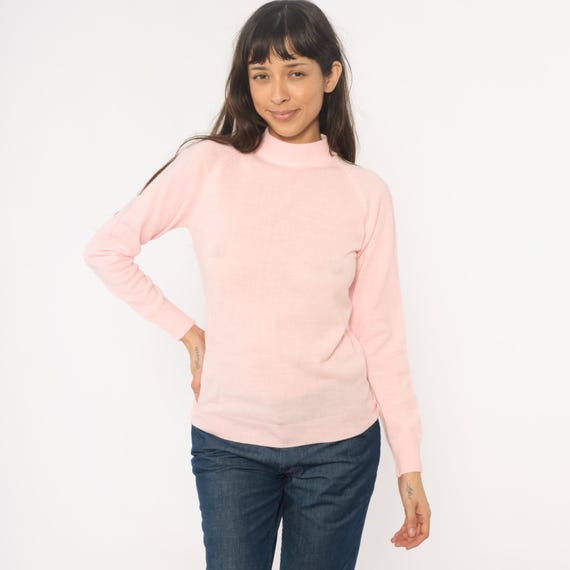 70s Pink Sweater Pullover Turtleneck Vintage Blush Knit Ribbed Cuffs Winter Layering Top Preppy Cozy Minimalist Soft Rose Pastel Small S