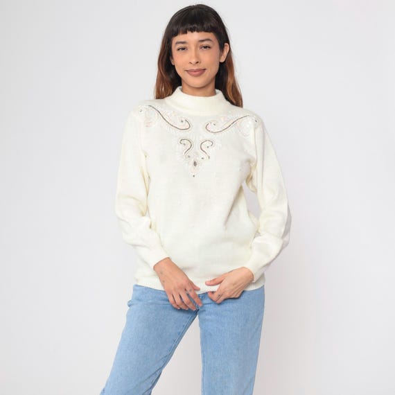 Beaded Sequin Sweater 90s Cream Geometric Sweater Sparkly Iridescent Knit Mock Neck Pullover Long Sleeve Formal Party Vintage 1990s Medium