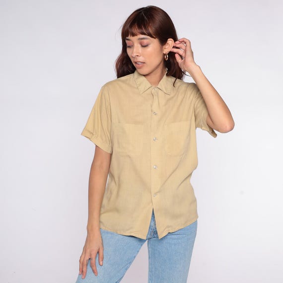 80s Beige Top Safari Tan Button Front Short Sleeve Collared Cotton Minimalist Casual Work Shirt Vintage Summer Professional Large L