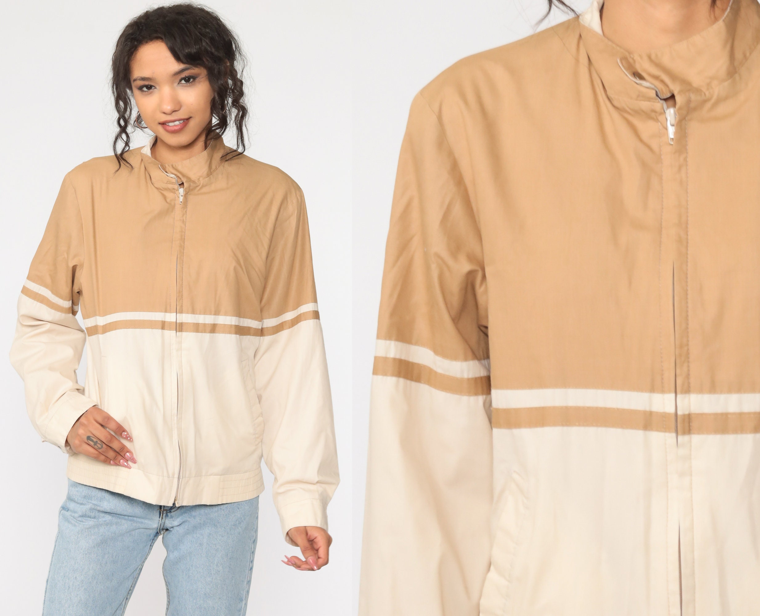 Striped Windbreaker Jacket Color Block Jacket Zip Up Coat Tan Beige 80s Jacket Vintage Zip Up Jacket 1980s Small Medium