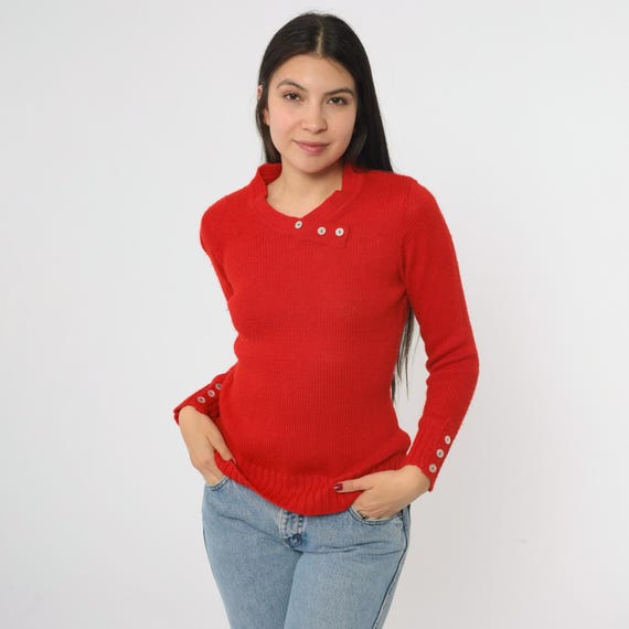 Red Knit Sweater 80s Vintage Preppy Academic Style Pullover Silver Button Detail Crew Neck Long Sleeve Ribbed Cuffs Collegiate Prep Small S