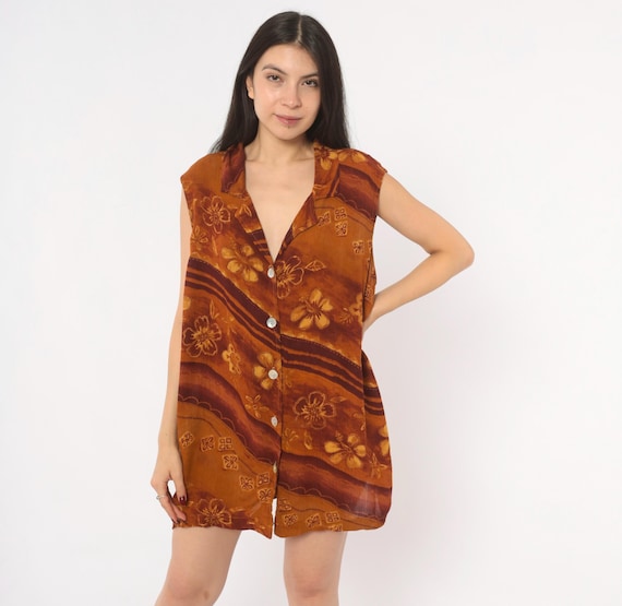 90s Batik Floral Shirt Dress Mustard Rust Button Front Hawaiian Tropical Mini Gold Amber Terra Cotta Summer Vacation Beach Plus Size 1X