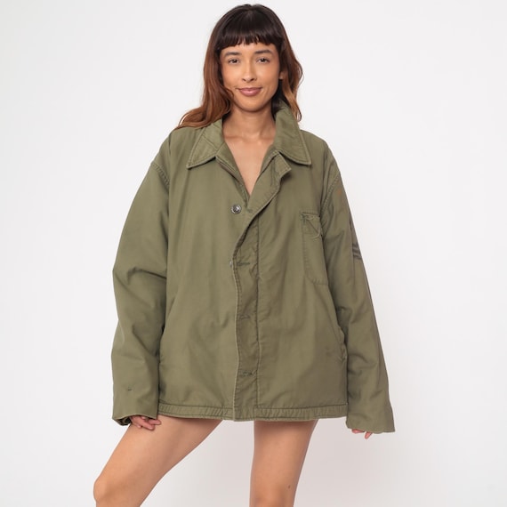 Army Green Jacket Vintage 70s Military Field Coat US Navy Sergeant Chevron Lined Olive Drab Distressed Utility Combat Wear Large L