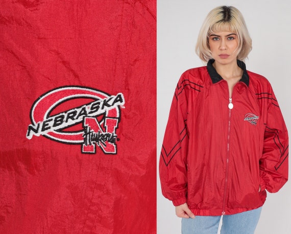 Huskers Jacket 90s University of Nebraska College Windbreaker Retro Zip Up Nylon Shell Warmup Red Black Striped Omaha Vintage 1990s Large L