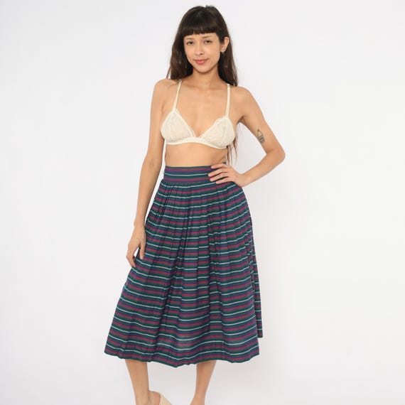 60s Striped Circle Skirt Teal Burgundy Pleated High Waist Cotton Navy Green Red Multi Stripe Full Swing Collegiate Preppy Vintage Small S
