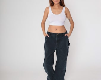 Vintage Black Carhartt Jeans 38 x 32 Double Front Knee Denim Workwear Hammer Loop Work Pants 90s Baggy Dungaree Cargo Work Pants Large L