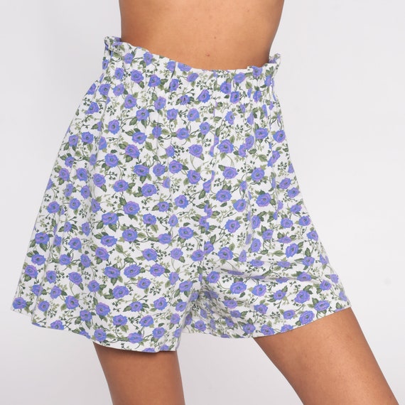Floral Shorts 90s Paper Bag Shorts Baggy Shorts Purple White Cotton Summer Wide Leg High Waisted Retro Vintage 1990s Medium Large