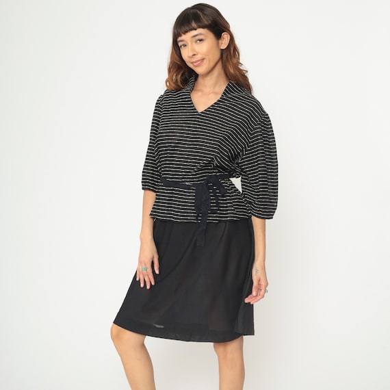 80s Striped Dress Black White Peplum Semi Sheer V Neck Tie Waist Three Quarter Sleeve Minimalist Work Office Extra Large XL