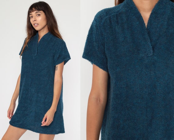 Blue Terry Dress 70s Terry Cloth Dress Navy 80s Mi